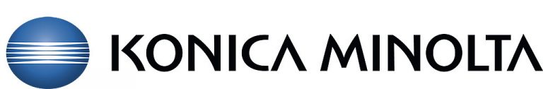 Logo horizontal de Konica Minolta : un rond bleu et à gauche le nom de la marque en noir