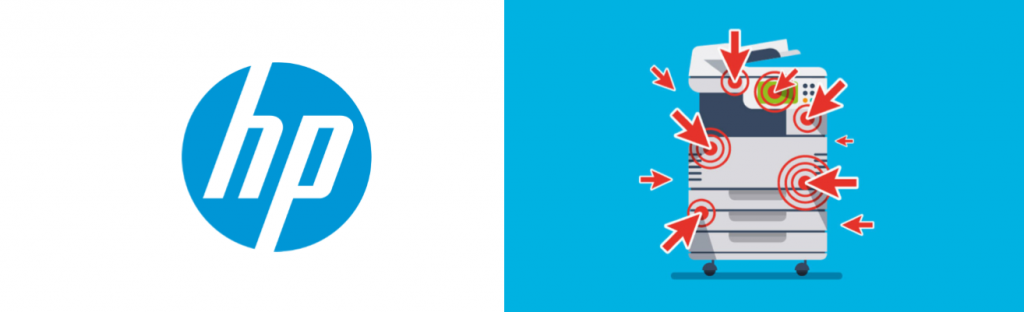 A droite,sur fond bleu, une imprimante cibles d'attaques symbolisées par des flèches rouges. A gauche, sur fond blanc, le logo HP.