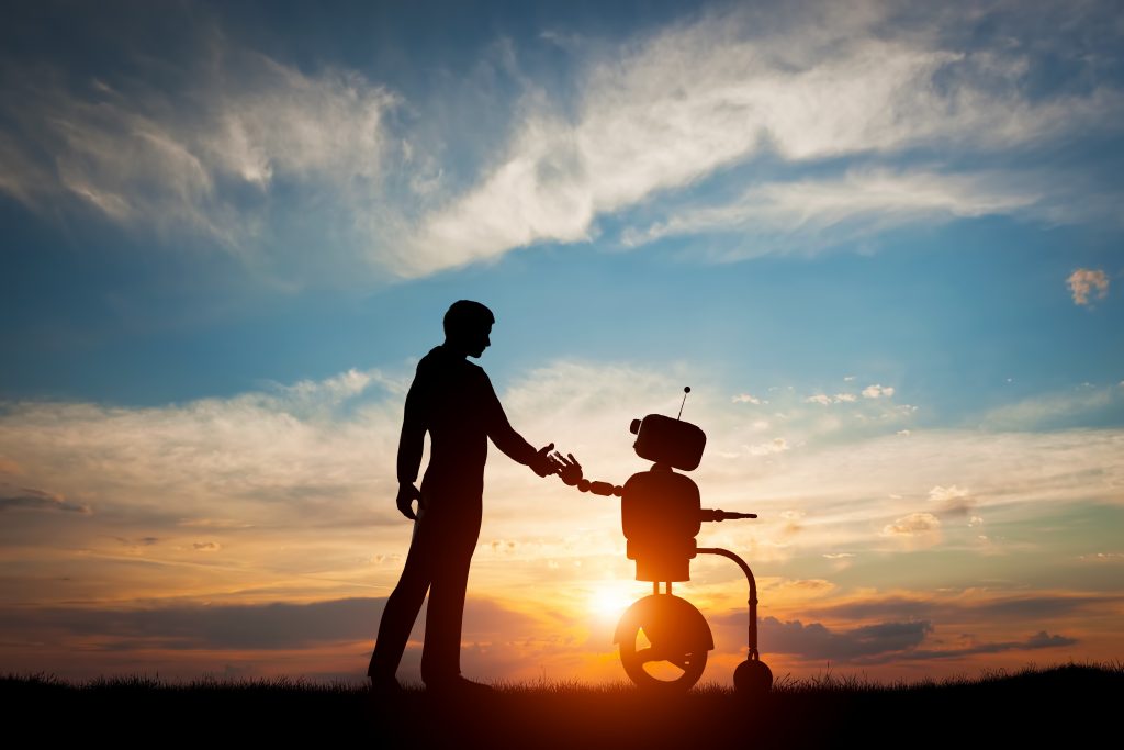 Man and robot meet and handshake. Concept of the future interaction with artificial intelligence. 3D rendering.